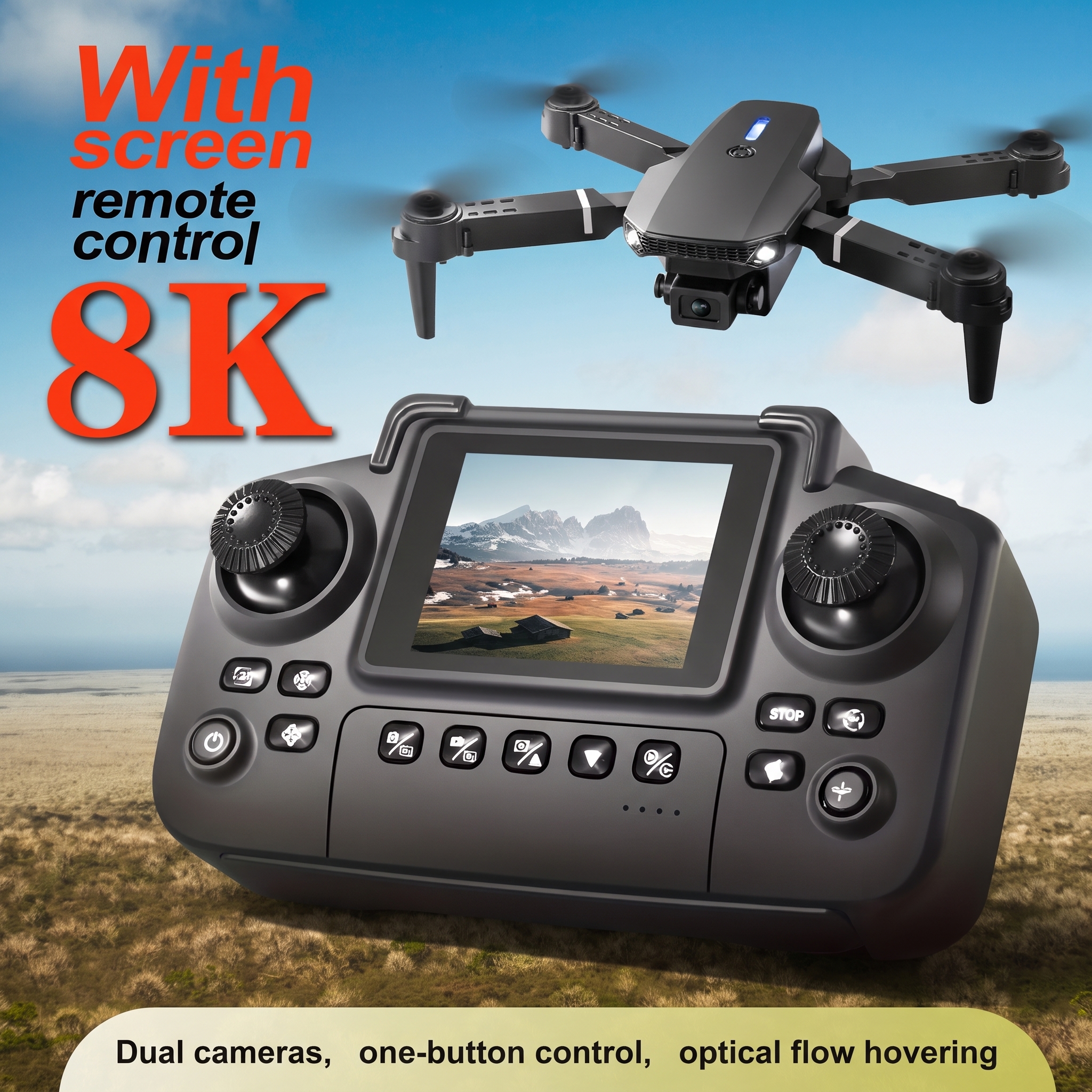 Drone Controller Screen - 2026年アップグレード版E88PRO MAX折りたたみ式ドローンは、デュアルカメラ、予備バッテリー、リモコン用8Kスクリーン、ワンクリック帰宅機能を搭載しています。 初心者向けで、独立記念日や祝日のギフトに最適です。