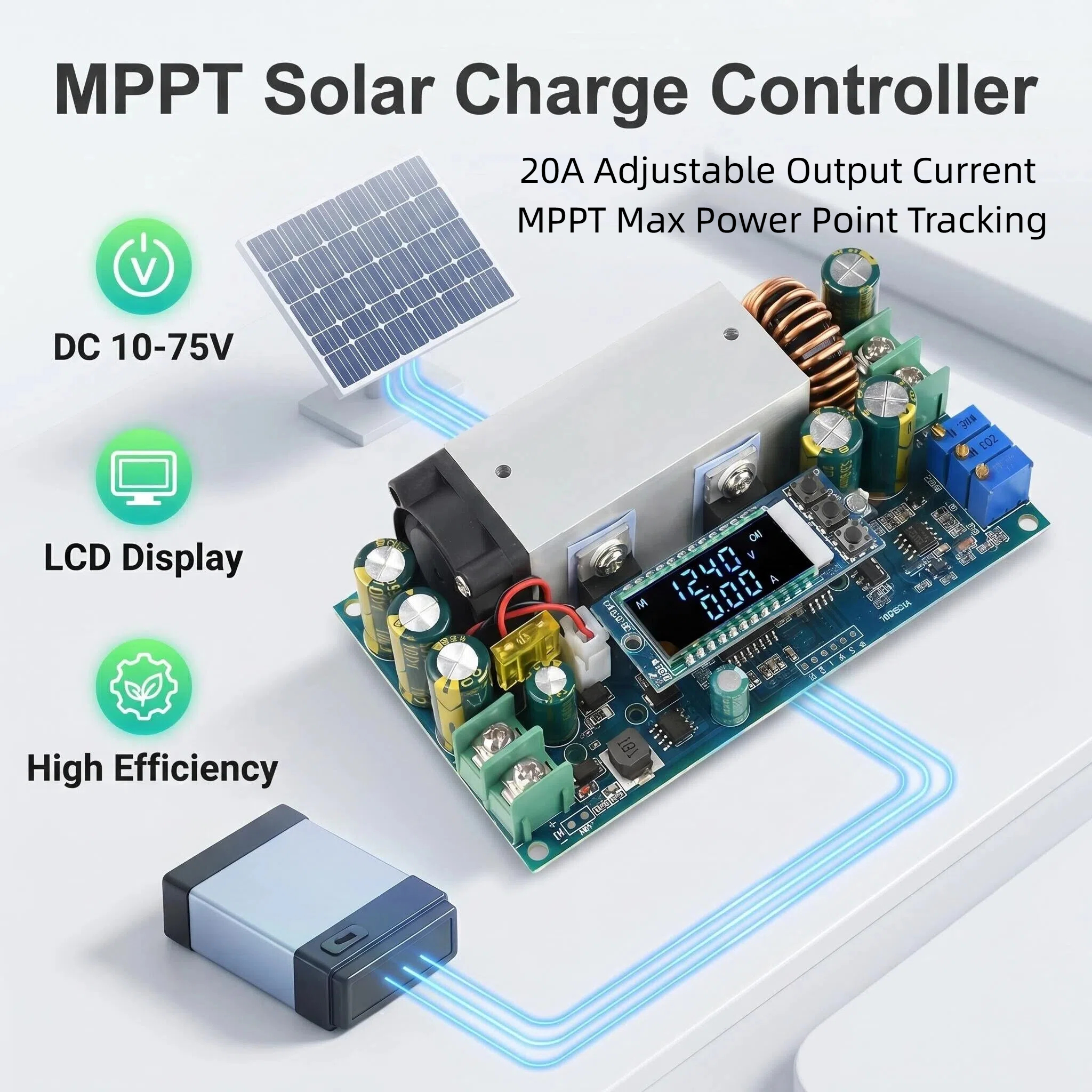 Drone Solar Charger - DC10-75V 20A 調整可能な電圧削減モジュール MPPT ソーラー充電定電圧電流充電モジュール降圧コンバータ